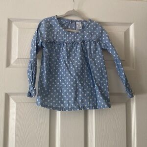 Toddler girls denim long sleeve shirt with white hearts. Size 3T. Good condition
